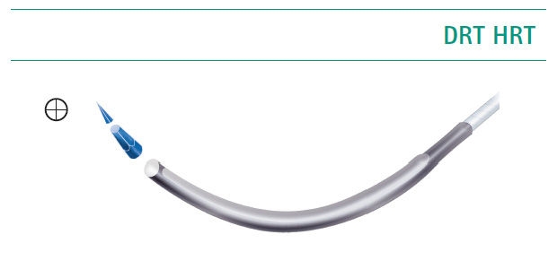 Rundkörper Nadeln mit Trokarspitze: Illustration einer gebogenen Rundkörpernadel mit der Bezeichnung „DRT HRT“, die eine vierseitige Trokar-Schneidspitze als Teil einer Übersicht von Nahtnadeltypen zeigt.