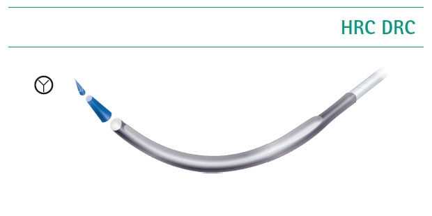 Rundkörper Nadeln mit kurzer, schneidender Spitze Illustration einer gebogenen Rundkörpernadel mit der Bezeichnung „HRC DRC“, die eine kurze Schneidspitze zeigt, die für das Durchstechen von festem Gewebe entwickelt wurde, dargestellt als Teil einer Übersicht von Nahtnadeltypen.