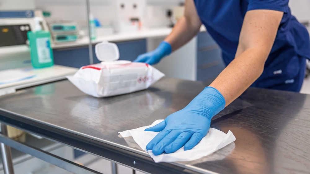 Behandschuhte Hände einer tiermedizinischen Pflegekraft wischen eine klinische Arbeitsfläche aus Edelstahl mit einem Desinfektionstuch ab, während Reinigungsmaterialien auf dem Tisch in einem veterinärmedizinischen Behandlungsbereich bereitliegen