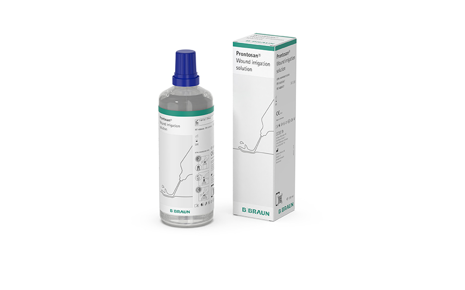 Prontosan® antiseptisches Gel in zwei Kunststoffflaschen unterschiedlicher Größe mit Sprüh- und Applikatoraufsätzen, dargestellt vor weißem Hintergrund.